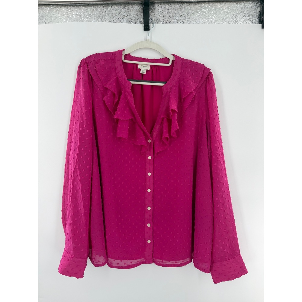 J.Crew Re-Imagined Pink Swiss Dot Ruffle Blouse 2X Long Sleeve Button Down